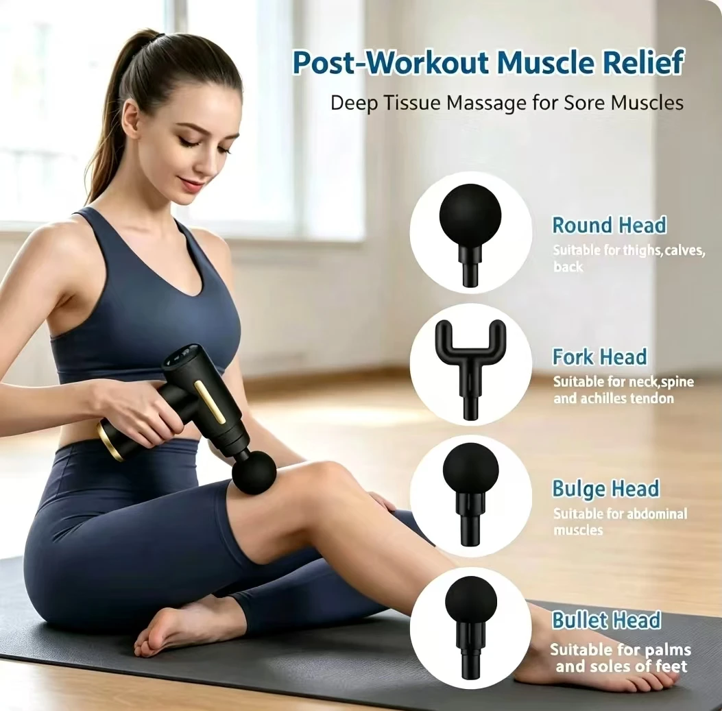 Portable Rechargeable Massage Gun 4 Interchangeable Heads Muscle Pain Relief Massager