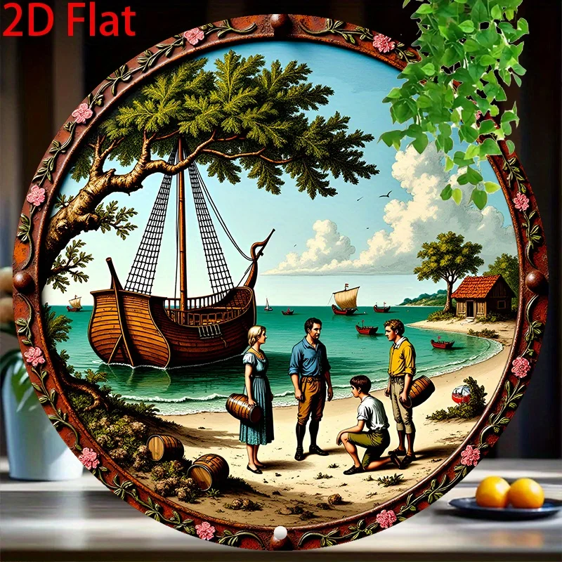 2D Vintage Metal Sign 1PCS Nautical Wall Art Pirate Ship Beach Scene Decor for Kitchen Bar Garage Rustic Hanging Plaque Pre-Dril