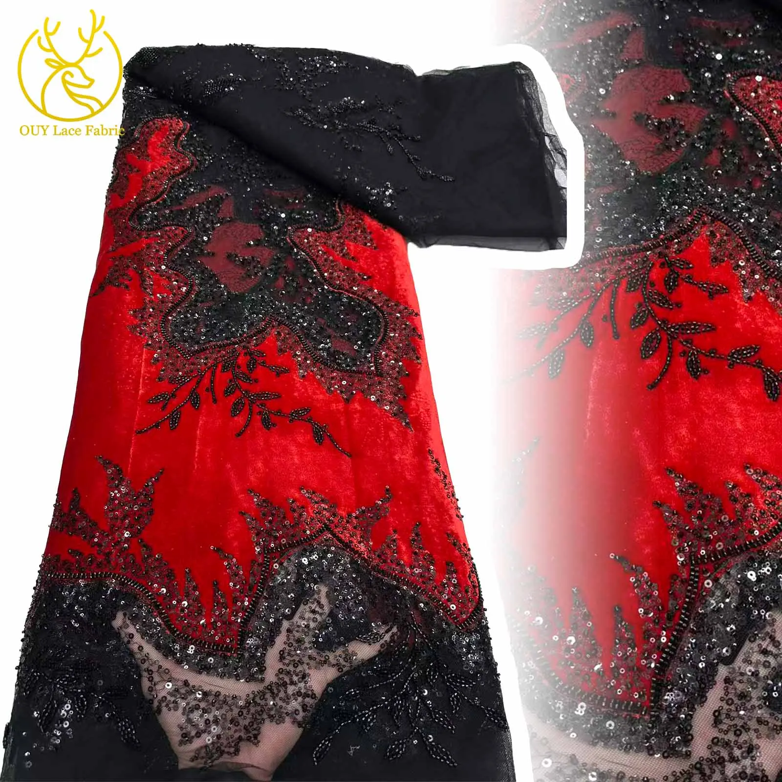 

2025 European Velvet Mesh Beaded Lace Fabric 5 Yards African French Embroidery Sequin Lace Fabric Dinner Wedding Dress Sewing
