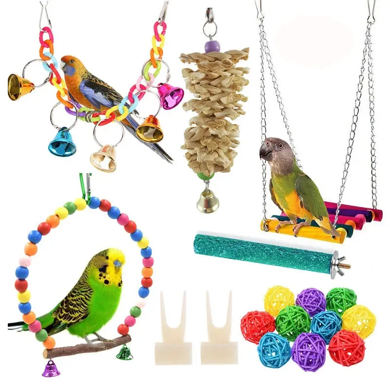 17 piece set of parrot toys, bird cage accessories, bird supplies, swings, standing rods, hanging rings, rattan balls, bird toys