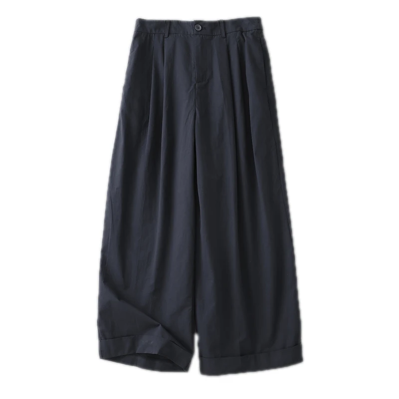 新しい女性のナインフットワイドレッグパンツ夏薄い通勤ハイウエストルーズカフ付きストレートカジュアルピュアカラー多用途