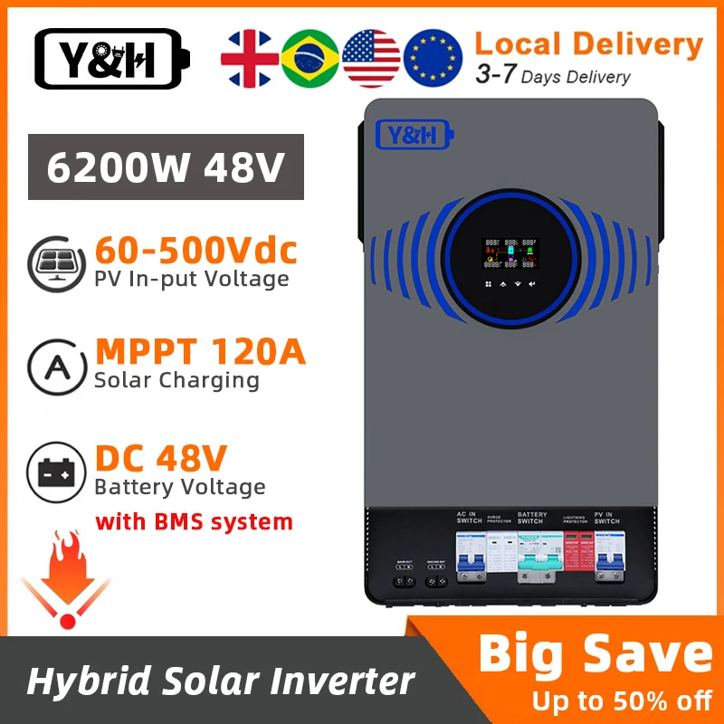 Y&H 4.2KW 6.2KW MPPT Hybrid Solar Inverter 24V 48V to AC220V with Air Switch,Lightning Protection,120A Solar Charge Controller