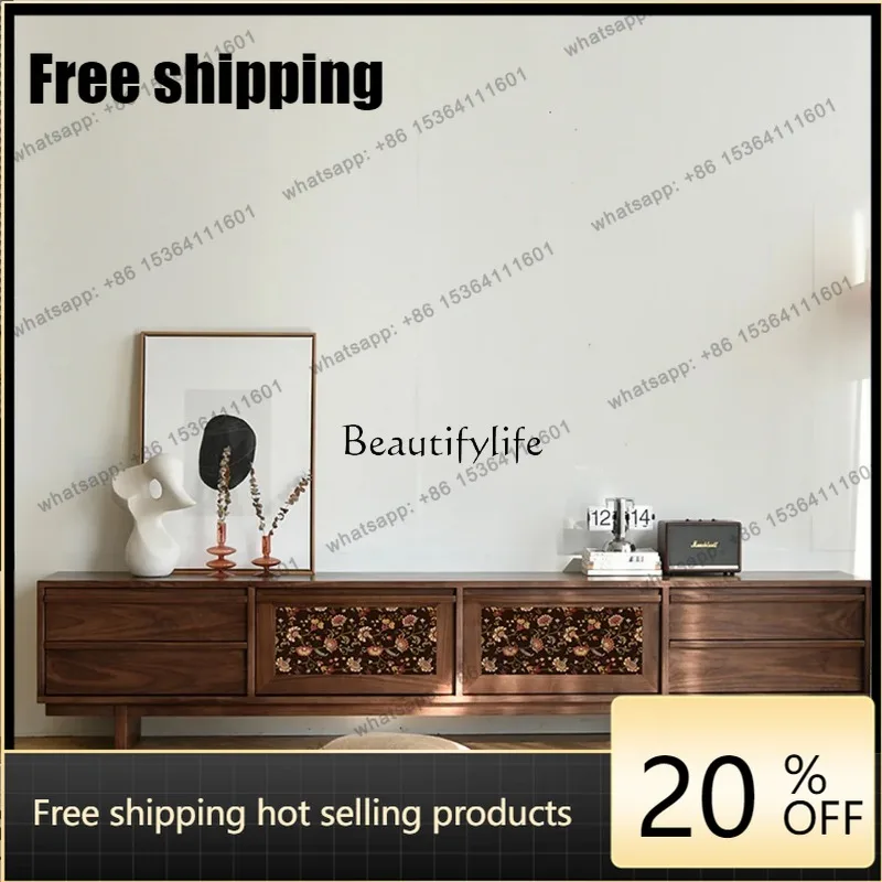 jj4 Best Seller Yj9 Black Walnut Bone Line TV Cabinet Small Apartment Medieval Audio-visual Cabinet Wabi Sabi Retro