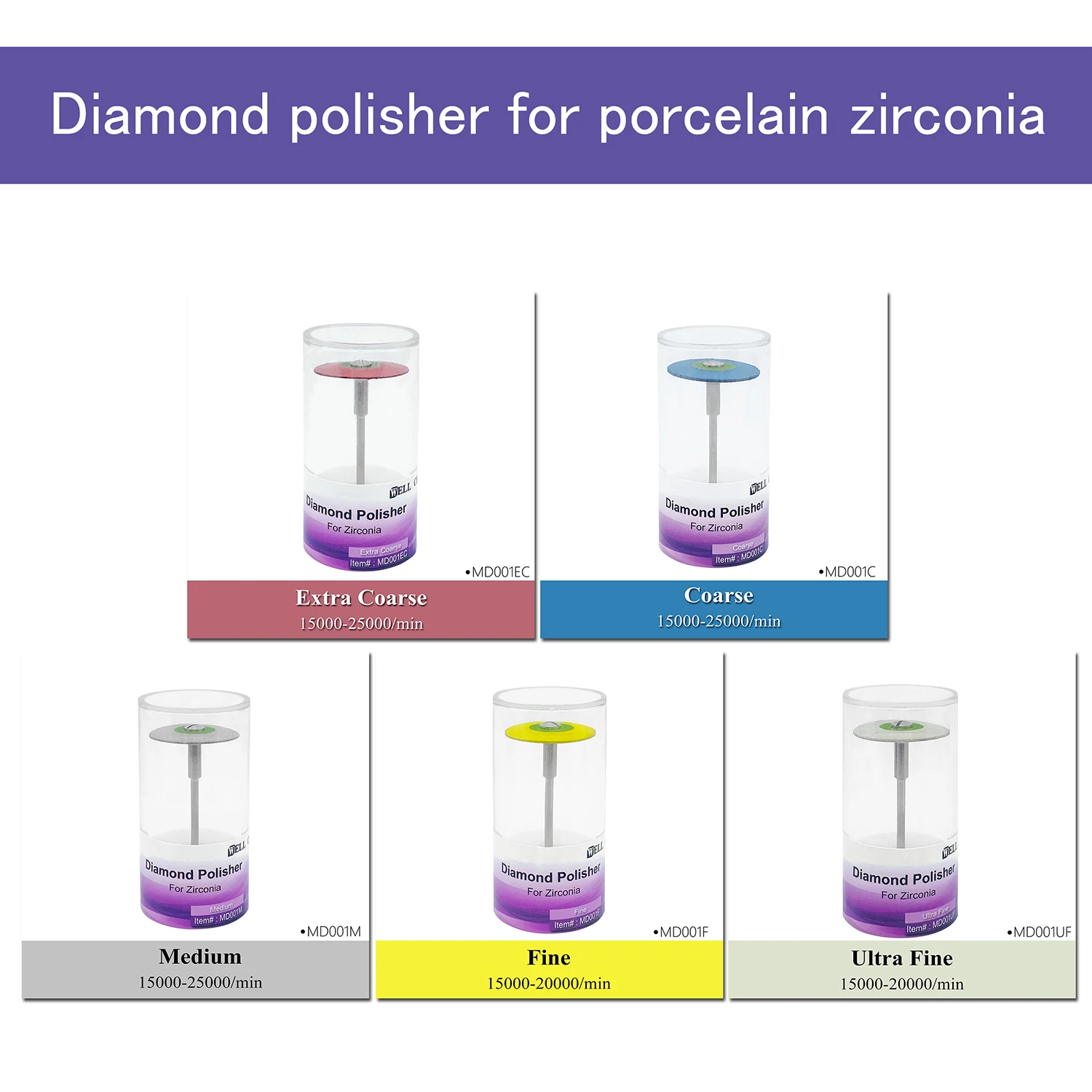 WellCK-disco de rueda pulidora de diamante de goma para restauraciones de porcelana de Zirconia, disco de rueda pulidora de laboratorio Dental HP,