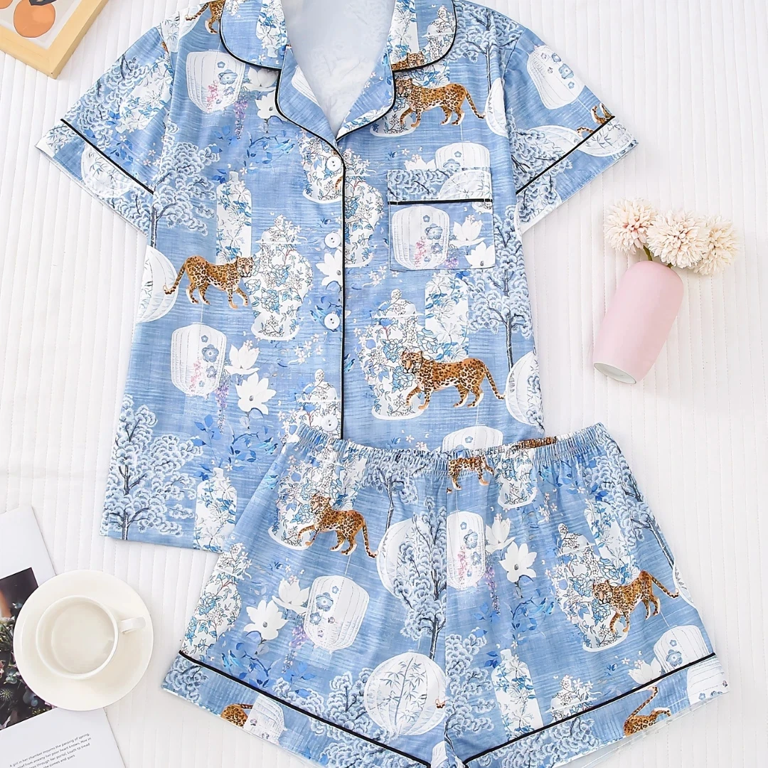 

Blue Women Pajama Set Animal Themed with Tiger and White Magnolia Print Lapel Shorts-sleeved and Shorts Pants Home Wear Gifts