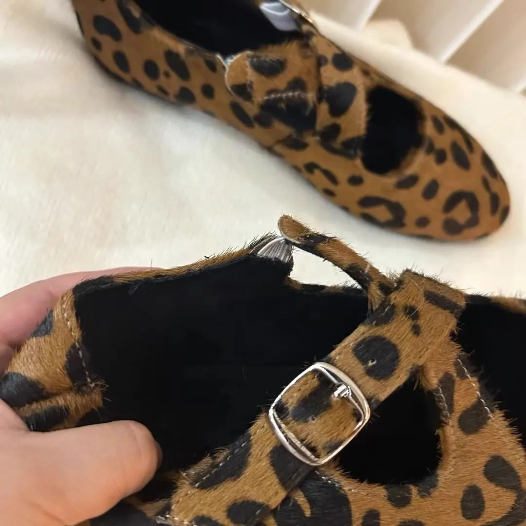 New Round Toe Leopard Print Flats Women Mary Jane Shoes Women Flat Shoes With Cross Straps Flats Party Shoes Women zapatos femen
