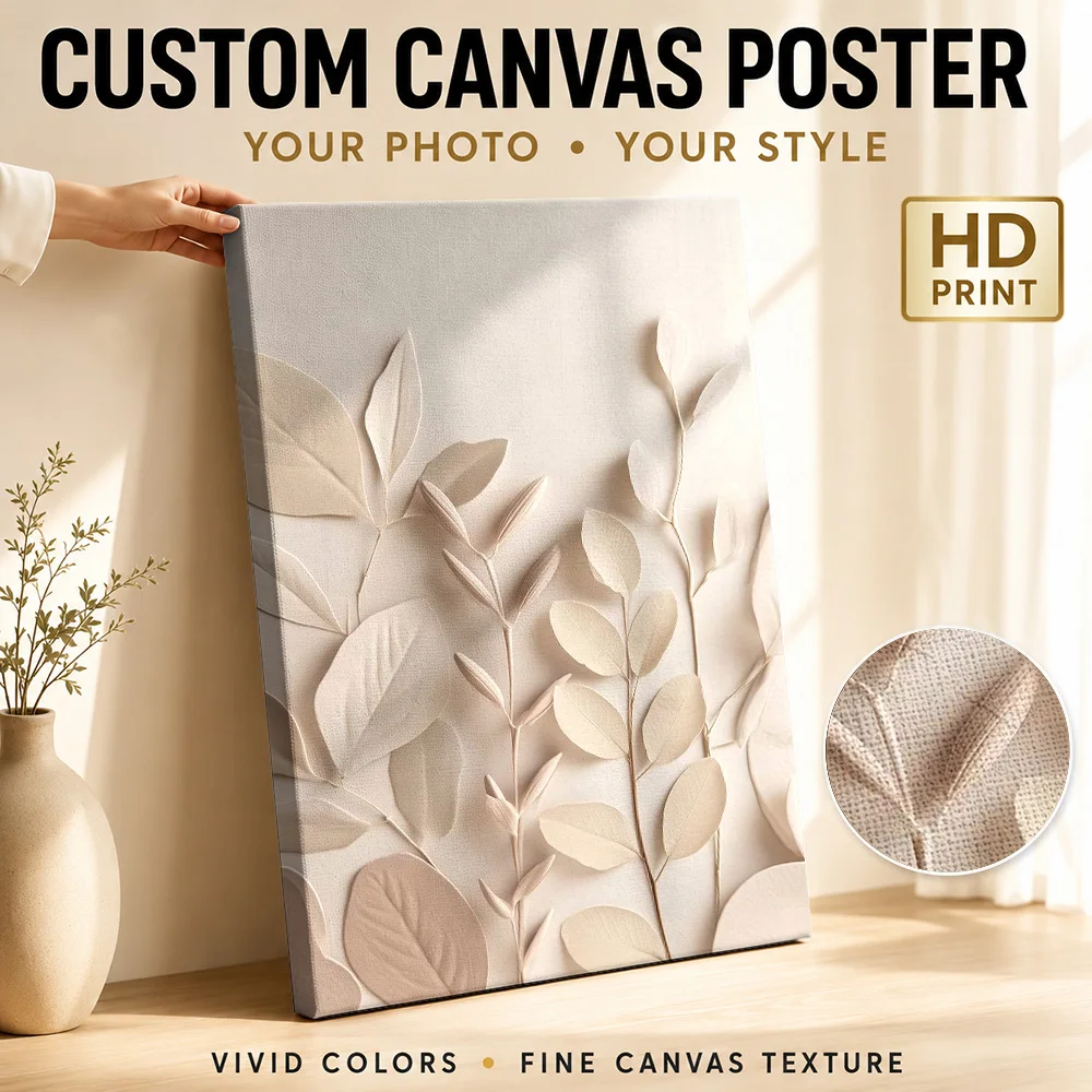Beige Botanical Leaves And Stems Canvas Print Personalized Photo Japandi Inspired Illustration Wall Art For Quiet Sitting Room