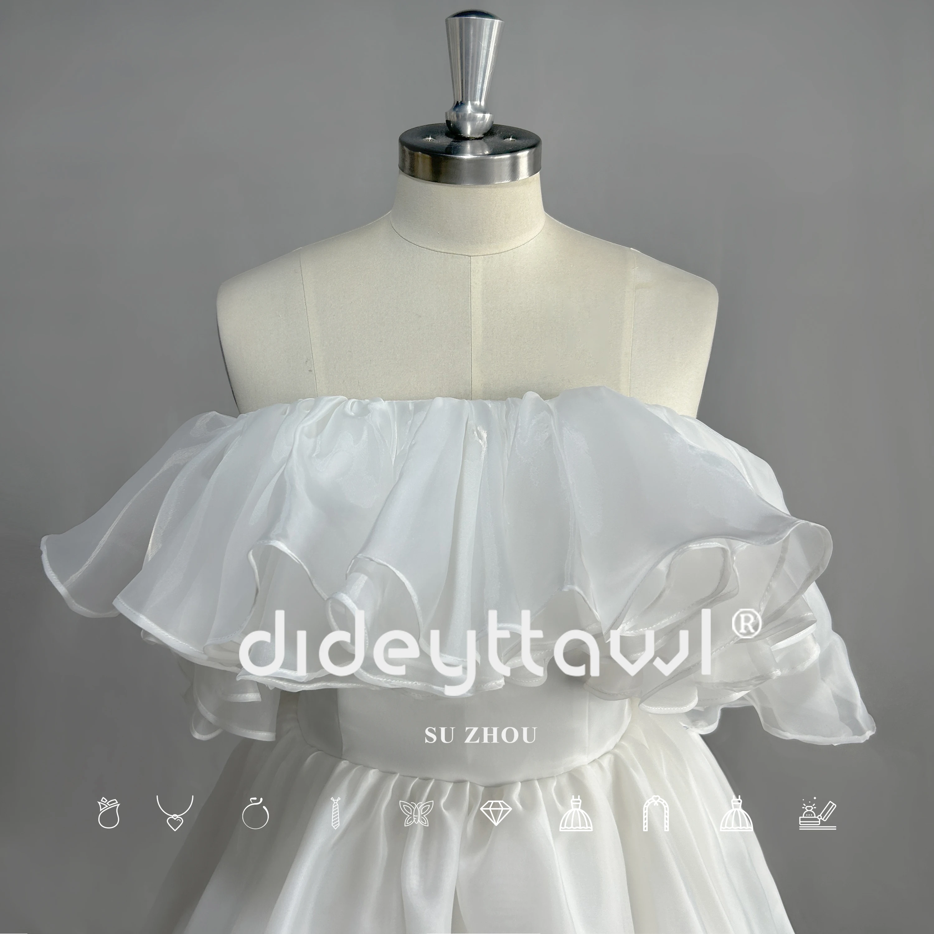 DIDEYTTAWL-Vestido corto de Organza con hombros descubiertos, Mini vestido de novia con volantes, cuello Barco, espalda con cordones, fiesta de boda