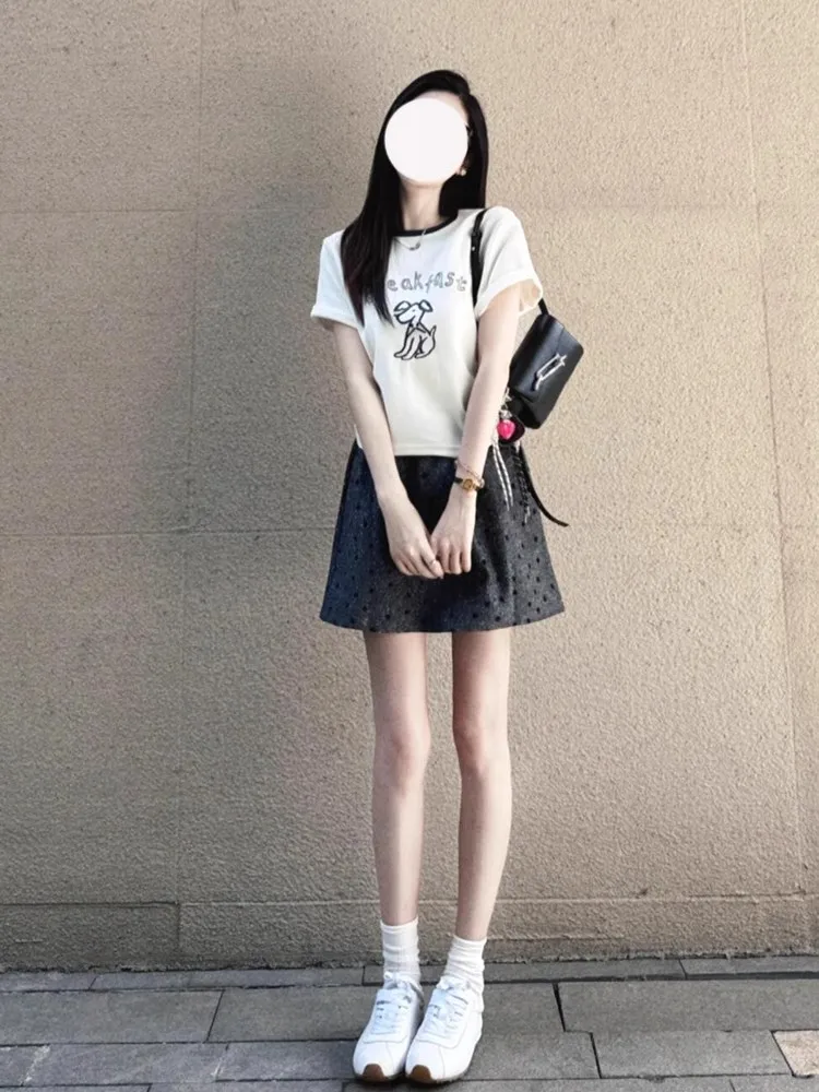 

Korean Chic Women's Summer Fashionable Polka Dot Short Sleeve T-Shirt And Skirt Set Two-Piece Outfit Casual Sportswear