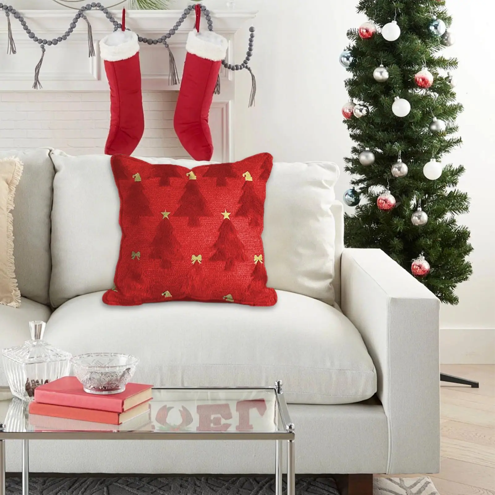 Christmas Throw Pillow Cover Festive 18x18 Inch Soft Christmas Red Plush Pillowcase For Living Room Bed Sofa Bedroom Apartment