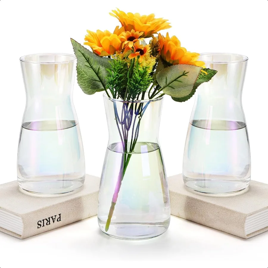 

Set of 3 Iridescent Glass Vase 8 Inch Crystal Clear Glass Flower Vase Tall Irised Vase Decorative Modern Vase Set Holographic V
