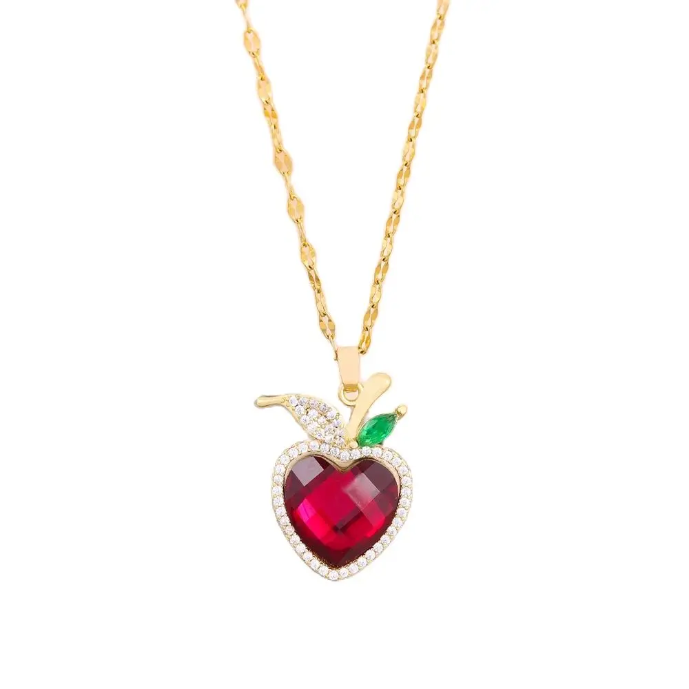 New In Sparkling Sweet Zircon Crystal Heart Apple Pendant Necklaces For Women Trendy Ladies Stainless Steel Neck Chain Jewelry