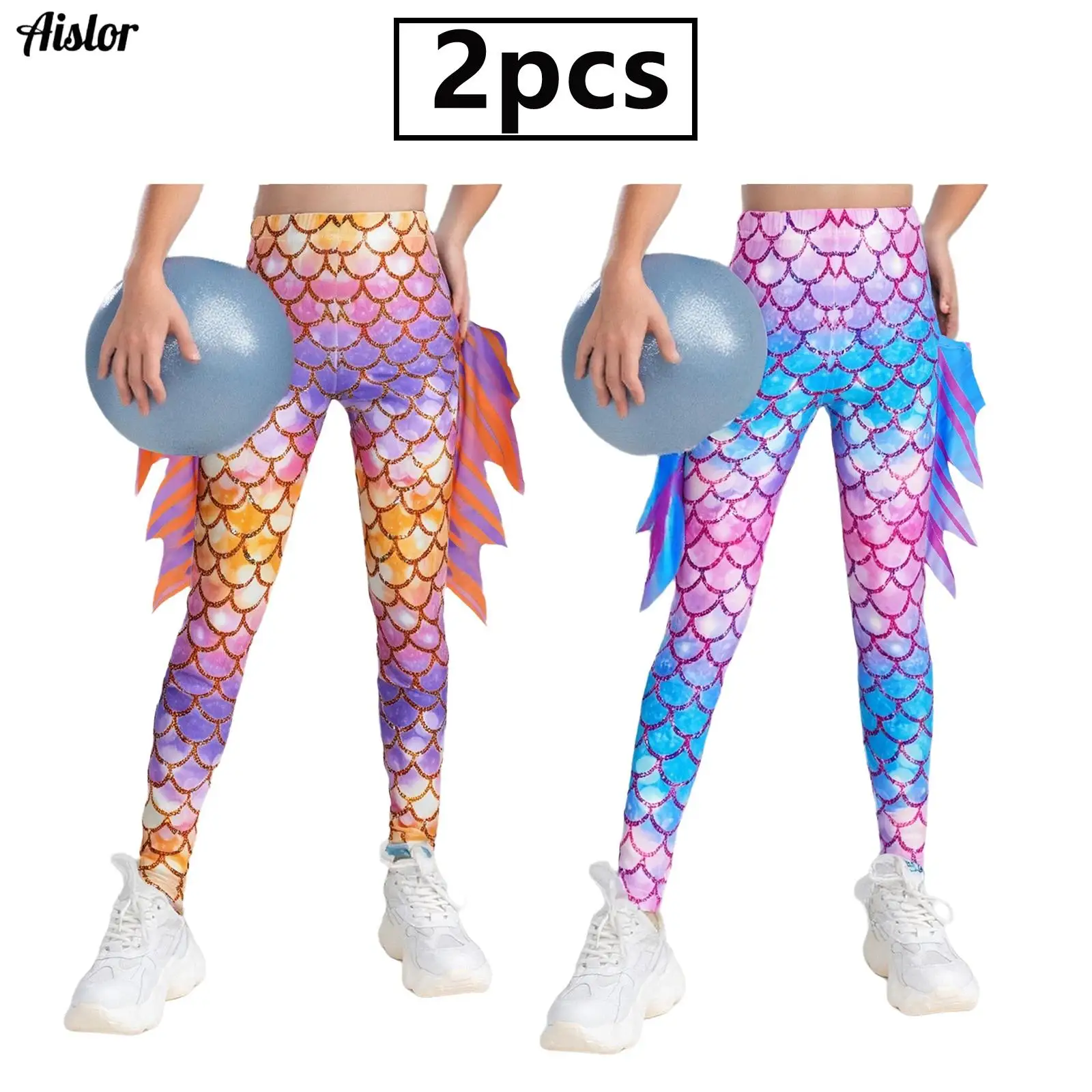

2Pcs Kids Girls Fish Scale Printed Mermaid Leggings Elastic Waistband Gradient Color Yoga Pants Halloween Theme Party Costume