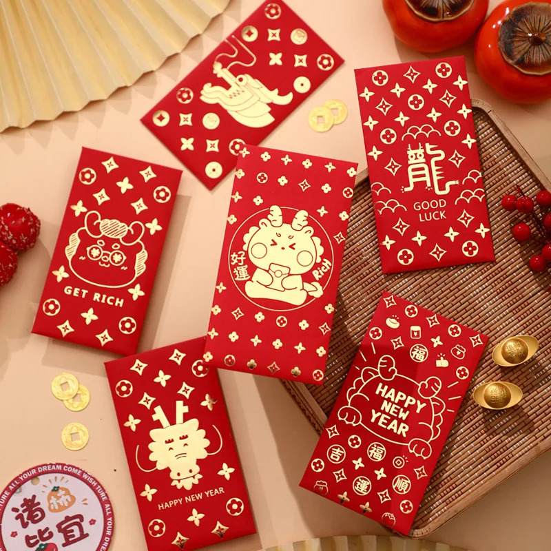 6Pcs Cute Dragon Year Hongbao Chinese Spring Festival Red Envelope 2024 New Year Red Packet Lucky Money Packets Cartoon Gift Bag