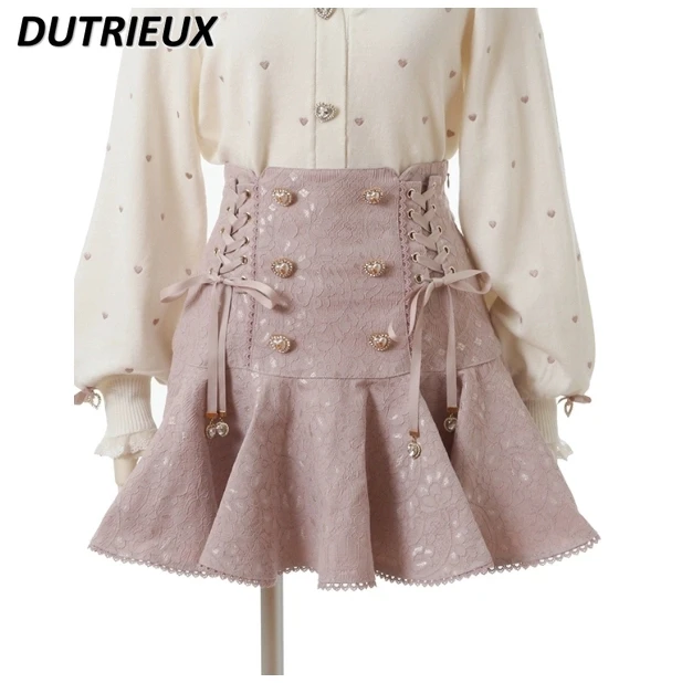 Lolita Japanese Style Lace Fashion Casual Double-Breasted Lace Bow High Waist Skirt Sweet Cute Women's Skirts Summer 2024 New