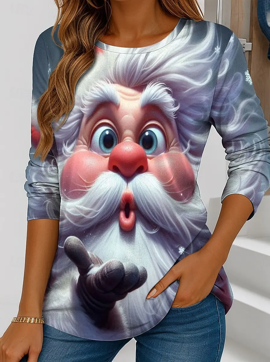 Women's Santa Claus Printed Christmas Theme Crew Neck Long Sleeve T-shirt Casual Comfortable Polyester Christmas Party Pullover