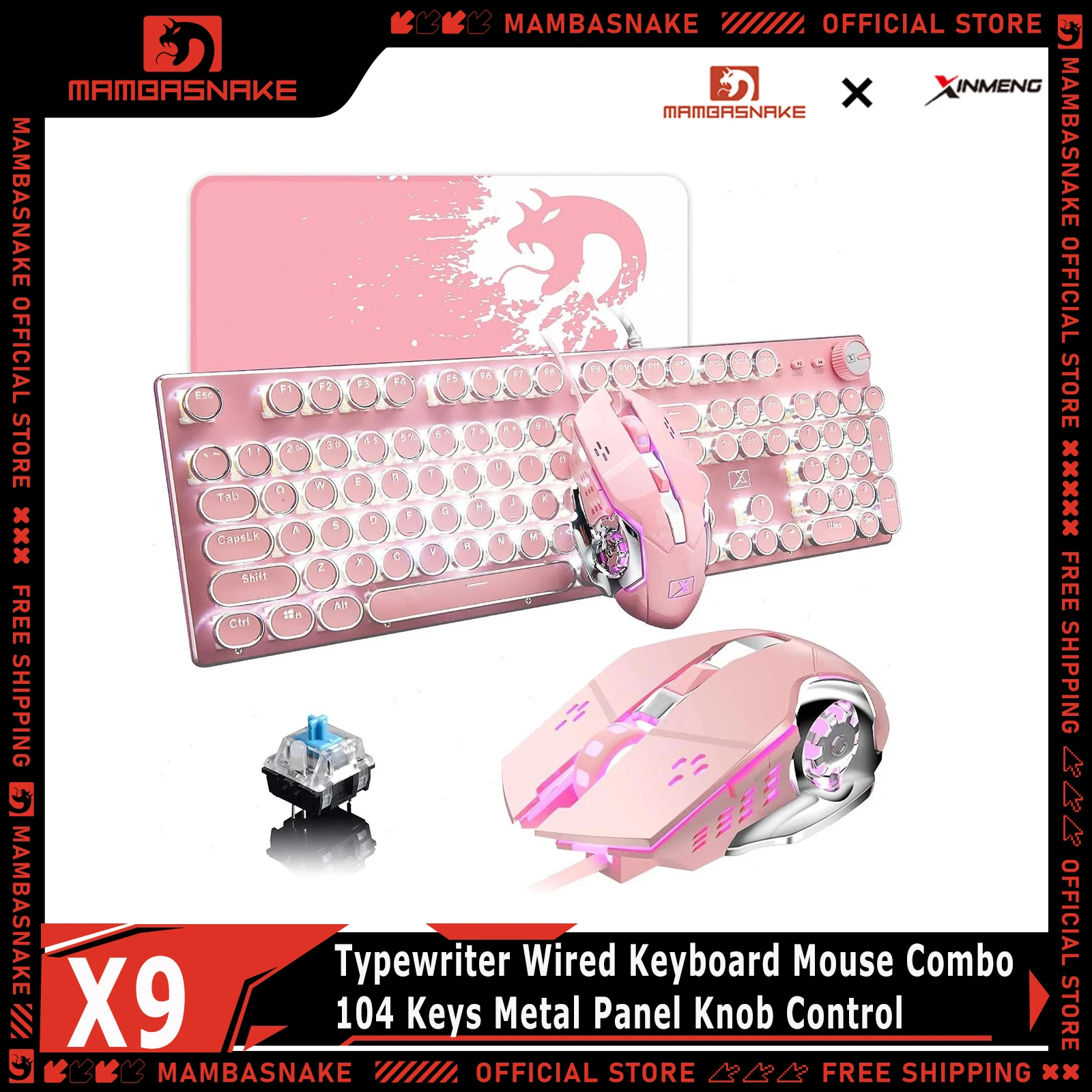MAMBASNAKE x XINMENG X9 Punk Retro Typewriter Wired Keyboard Mouse Combo 104 Keys Metal Panel Knob Control For PC