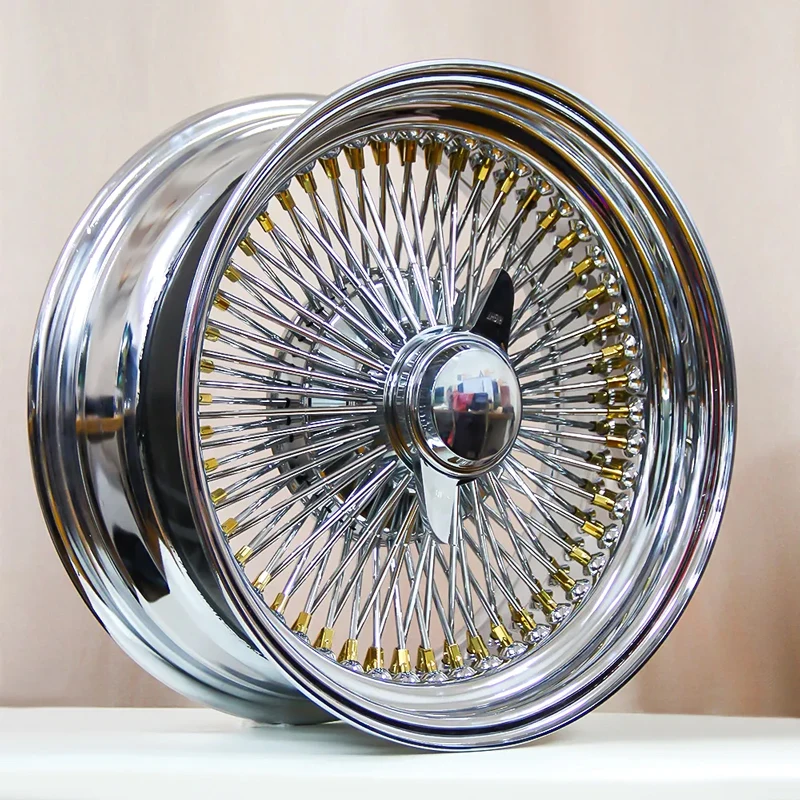 سلك عجلات كروم مع ضربة ورقاقة الحلمة الذهبية 13 14x7 15x7 15x10 16x8 17x8 17x9 بوصة النمط القياسي تكلم سلك الحافات