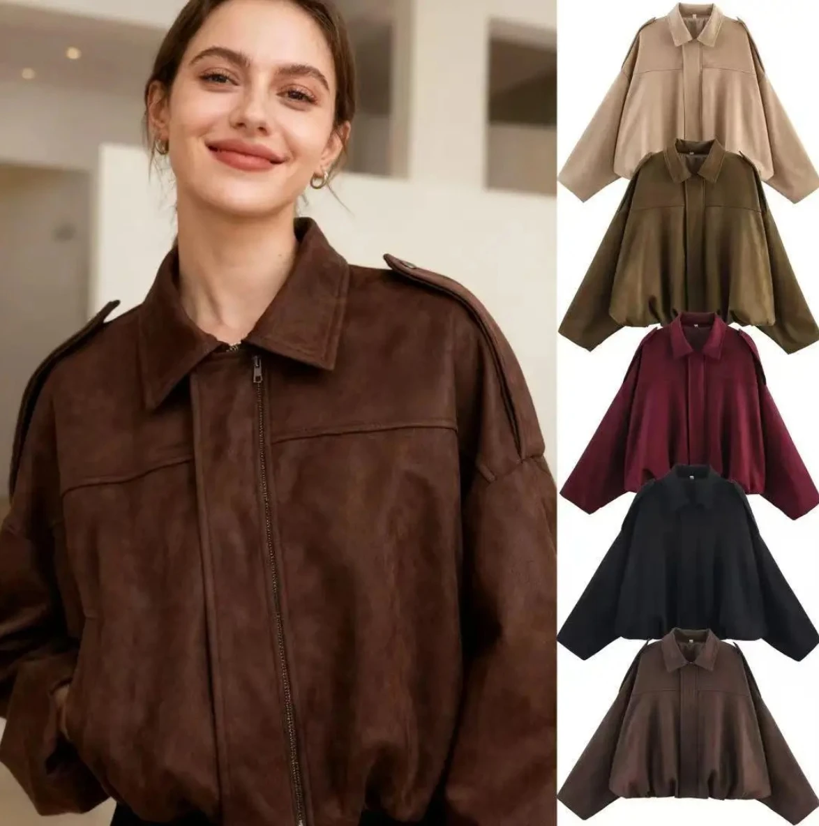 

Spring 2025 Women's Thin Pilot Jacket, Multi-Color Elegant Street Style Long Sleeve PU Leather Short Coat, Non-Sinking Material