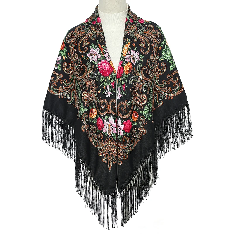 51*51in Square Women Scarf Shawl ukrainian embroidery Retro Fringed Cotton Print Scarves Hijab Wraps Russian Cape Bandana