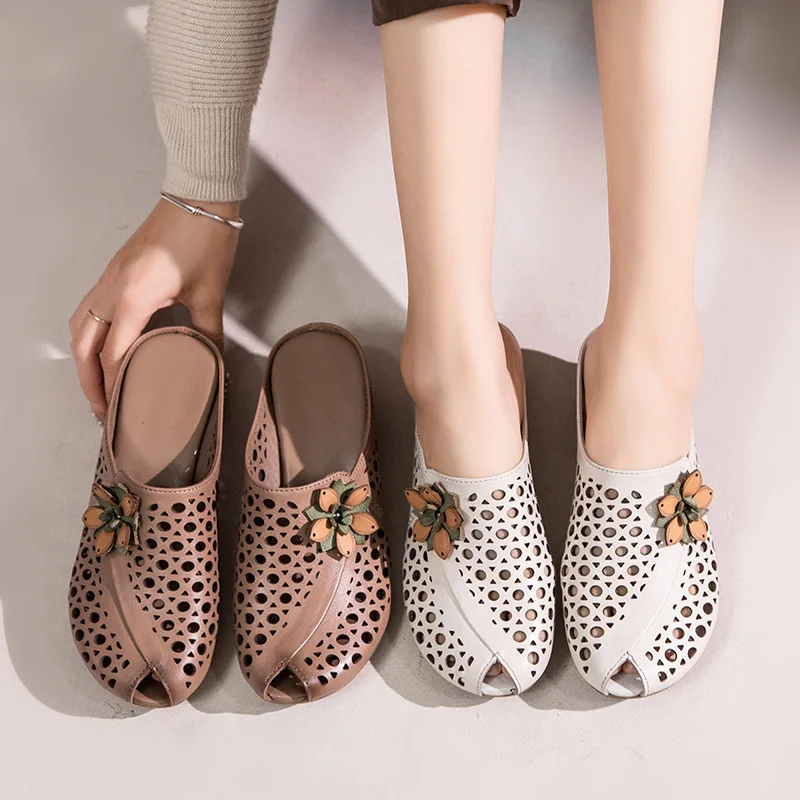 

Women's Slippers, Sandals Breathable Hollow Out Leather Shoes 5CM Heel Ladies Daily Easy Wear Slip-on Shoes Retro Ethnic Style
