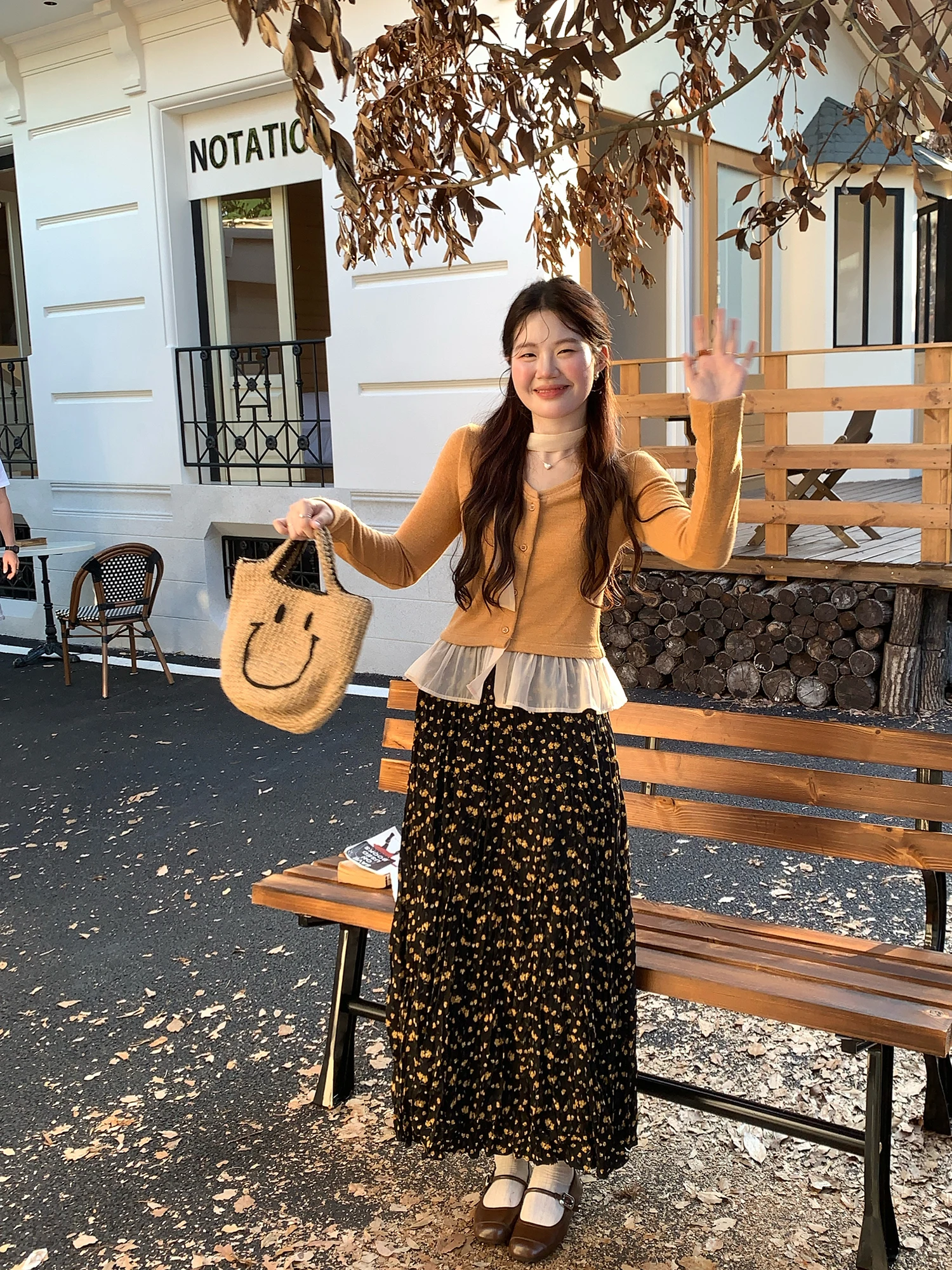 

Корейская юбка с цветочным принтом, женское нежное платье средней длины, осенний сезон, повседневная одежда, юбка трапециевидной формы со стойкой