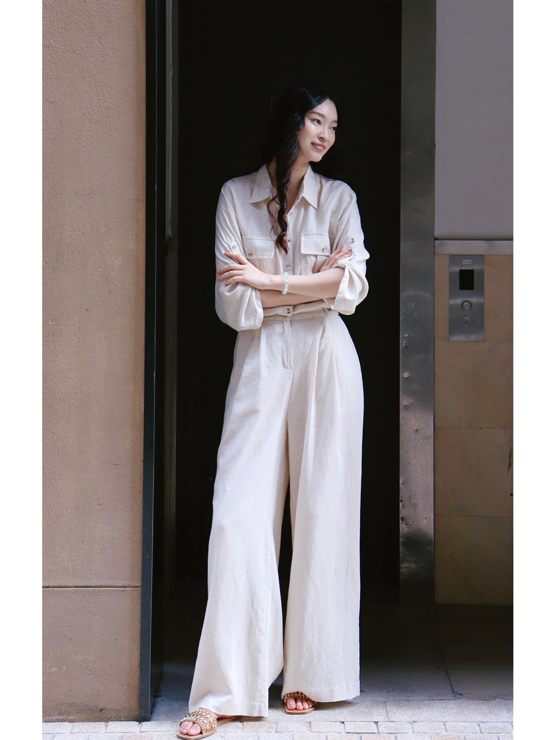 

Casual Lin Rer Women Early Autumn New Faion Simple Elegance High-End Feeling Cotton Lin Turn-down Collar Rer