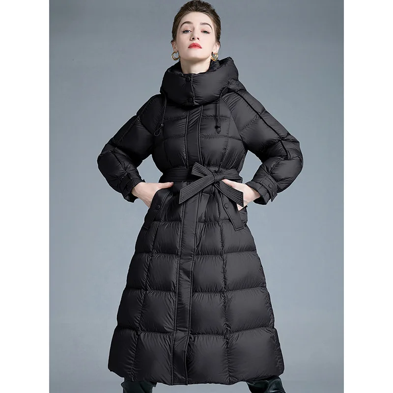Luxury High-Quality 90% Down Jacket Winter New Women's Long Elegant Tie-Waist Slim Hooded White Duck Down Coat Puffer Jacket