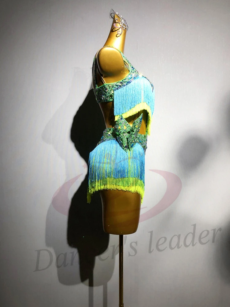 Latin Dance AB Steen Vrouwelijke Volwassen Kinderen High-end Aangepaste Kleur Clash Kwastje Bloemenjurk Zwart Zwembad Samba Prestaties Jurk