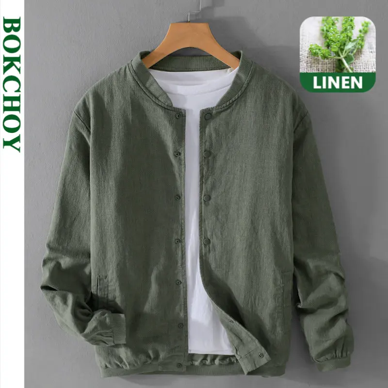 Spring and Autumn New Breathable Linen Mens Jacket Simple Stand Collar Casual Youth Loose Cotton Linen Men Clothing FY203