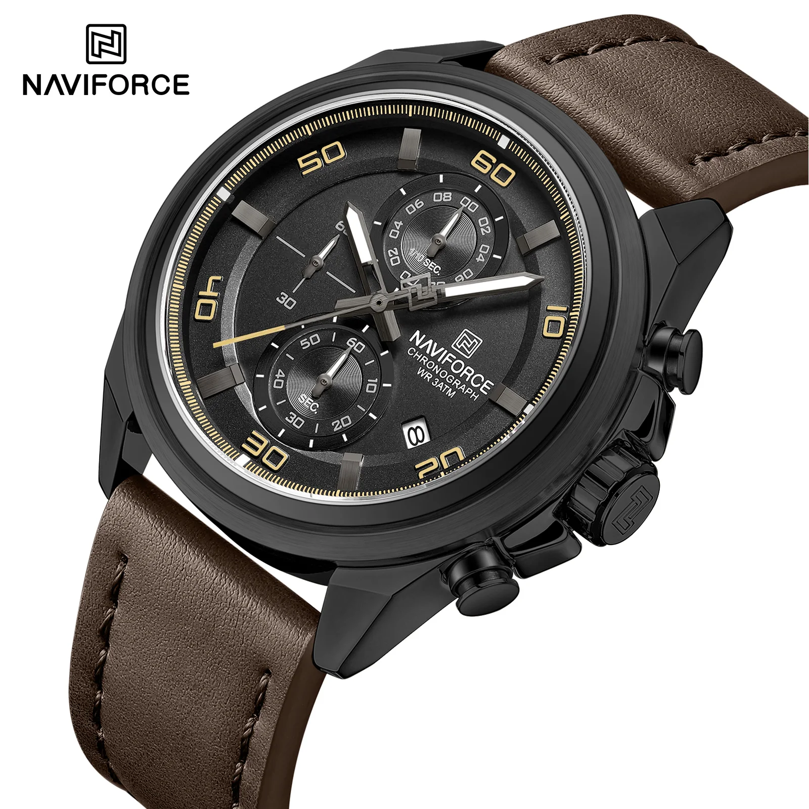 NAVIFORCE Chronograph Wristwatch for Male Quartz Date Display 30M Waterproof Real Leather Strap Clock Mature Fashion Man's Watch