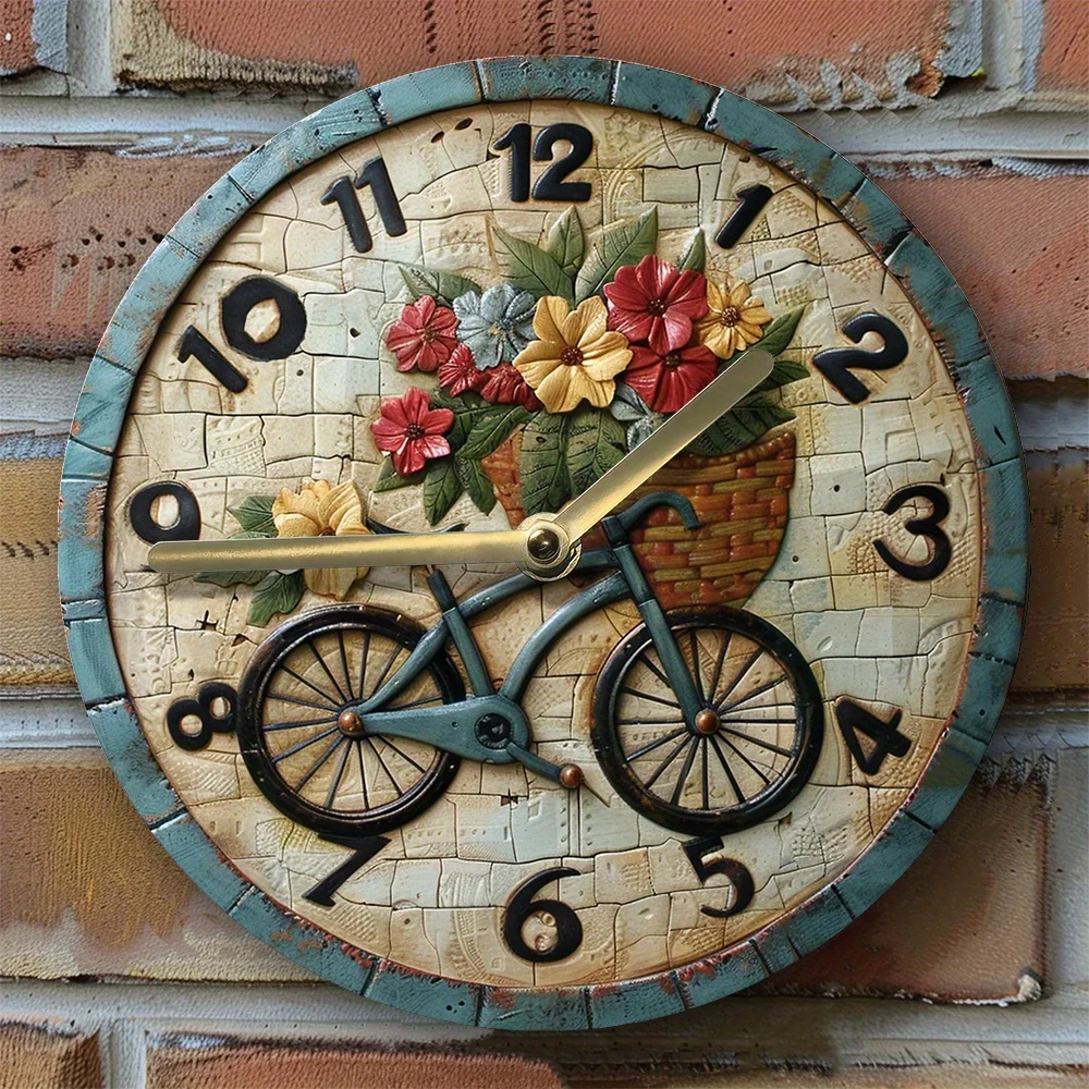 2D Effects Silent Wall Clock: Bicycle with Basket of Flowers Theme - Perfect for Winter Bedroom Decor, Mothers Day, Fathers Day