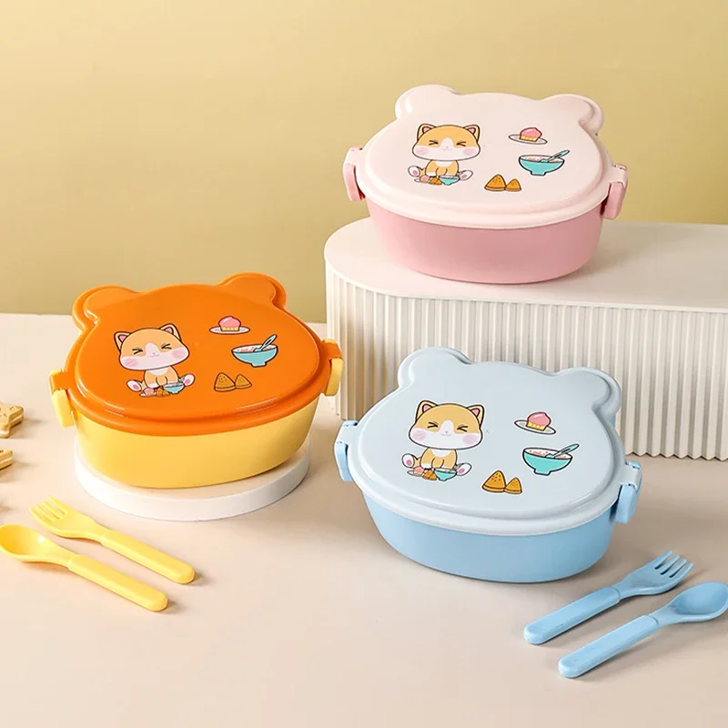 Cute Cat Shaped Lunch Box Double Layer Food Container with Fork and Spoon Microwave Children Bento Box