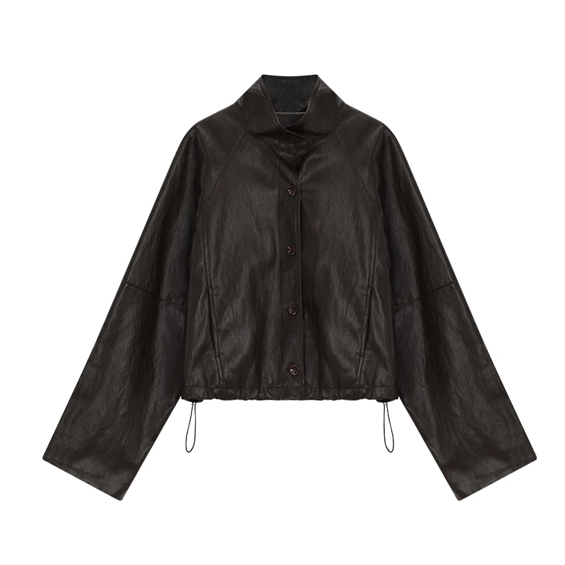 ALXNAN 黒革ジャケット女性ショートカジュアルヴィンテージストライプコントラスト袖口ジャケット 2025 秋防風ジャケット女性 L57929