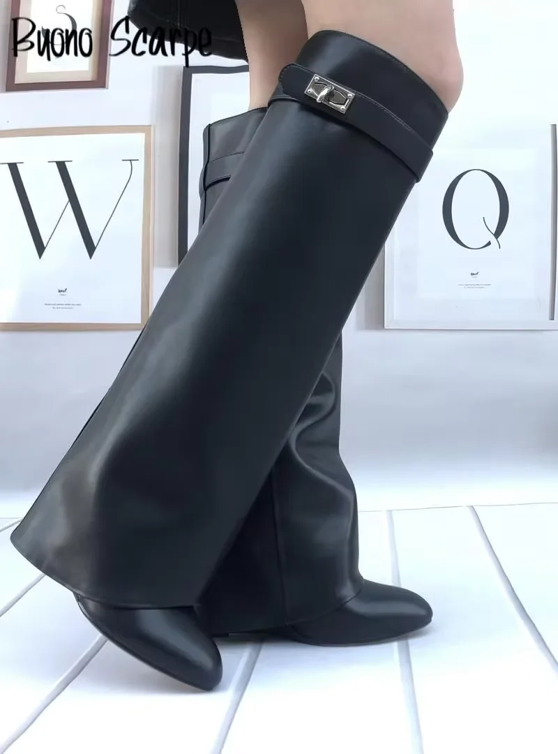 Genuine Leather Women Knight Boots Fashion Wedges Super High Heel Metal Decoration Knee High Shoes Mujer Increasing Modern Botas