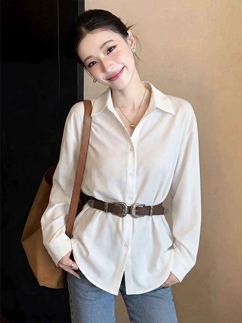 

Белая рубашка с коротким рукавом для женщин: весенне-осенняя, легкая, люксовая верхняя одежда, модный топ для создания молодого образа