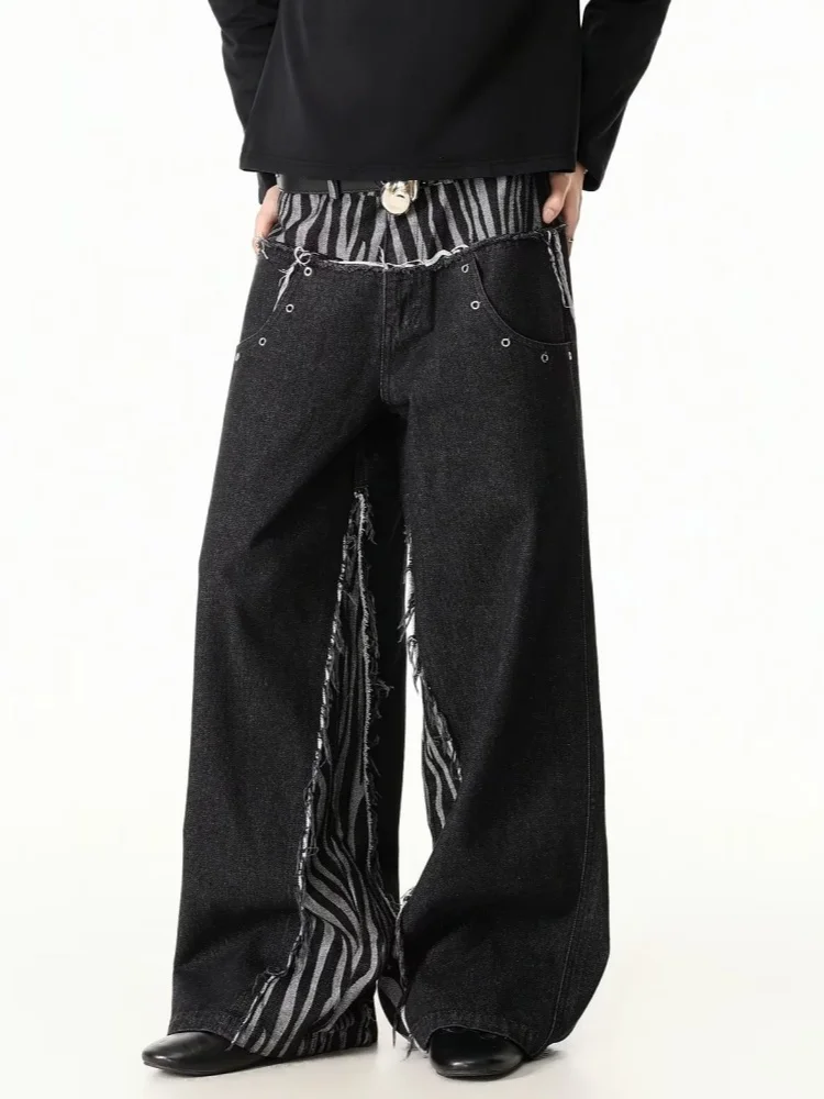 2026 Cyber Y2K Streetwear Striped Patchwork Black Baggy Stacked Jeans Pants For Men Clothing Wide Leg Loose Fit Long Trousers