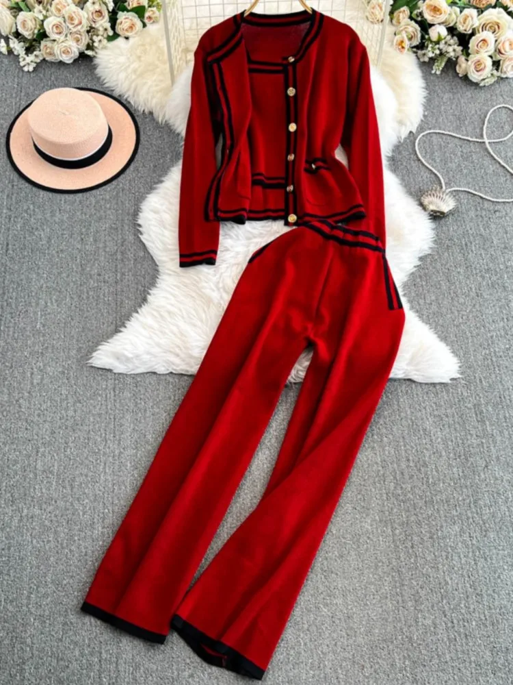 Y2k High Street Outfits Woman Solid Knitted Cardigan + Spaghetti Strap Vest + Wide Leg Pants Autumn Korean Chic 3-częściowy zestaw Nowy