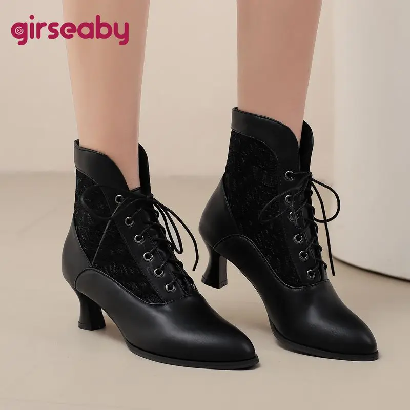 

Girseaby Женские ботильоны в стиле ретро с острым носком 5 см, странные короткие ботильоны на толстом каблуке со шнуровкой, большие размеры 41 42 43 Зима