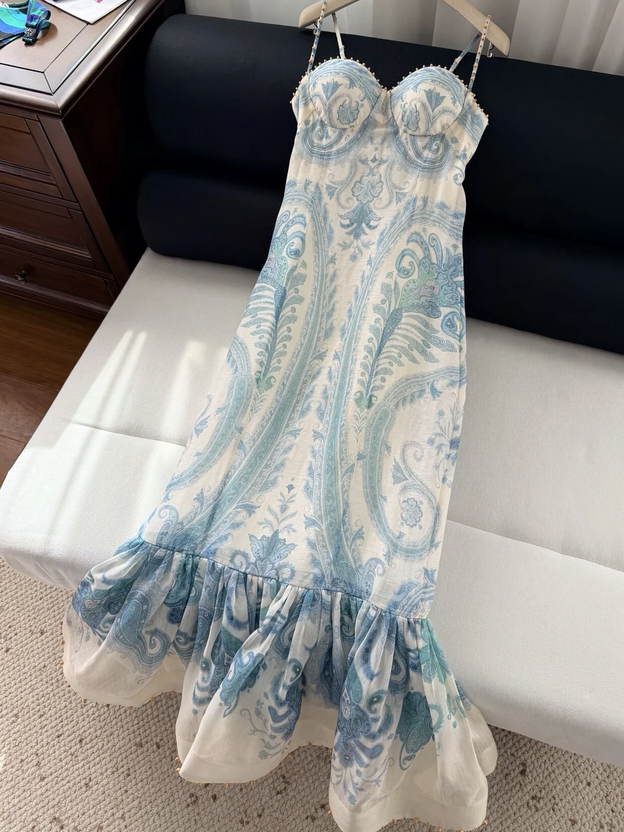 

2026 New High Quality Mulberry Silk Linen Turquoise Paisley Pattern Strap Tail Mermaid High Waist Dress Women's Wear