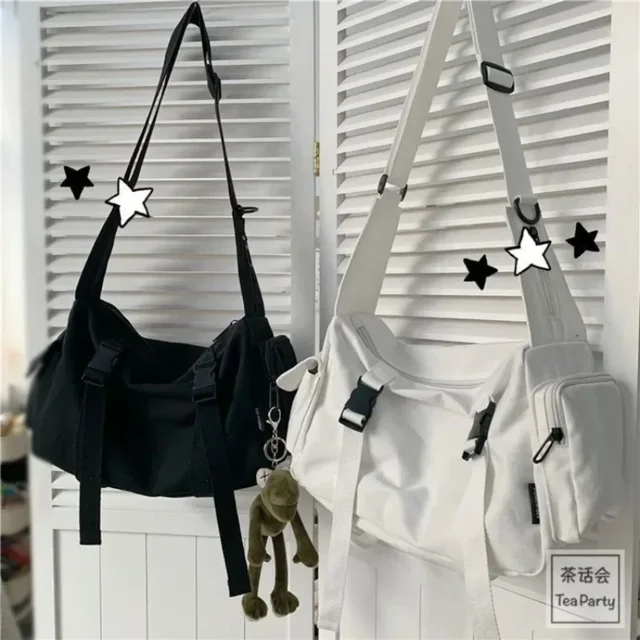 Japońska torba listonoszka Harajuku damska, jednolita kolorystycznie, płócienna torba crossbody, studencka torba o dużej pojemności, torba na ramię.