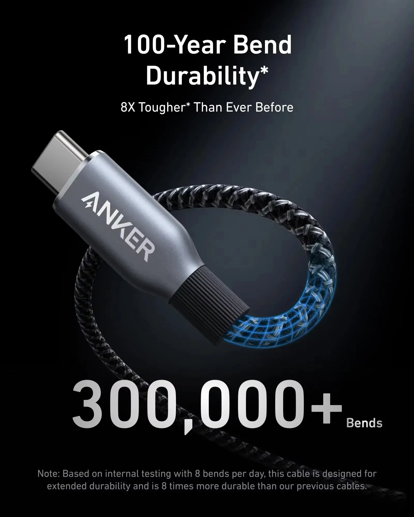 Kabel Anker Prime 240W, 90 cm, USB-C – USB-C, szybkie ładowanie, wykonany z recyklingowanych materiałów, opleciony nylonem, zapewniający trwałość nawet po 100 latach uginania, obsługuje szybkie ładowanie PD. — zdjęcie produktu 3