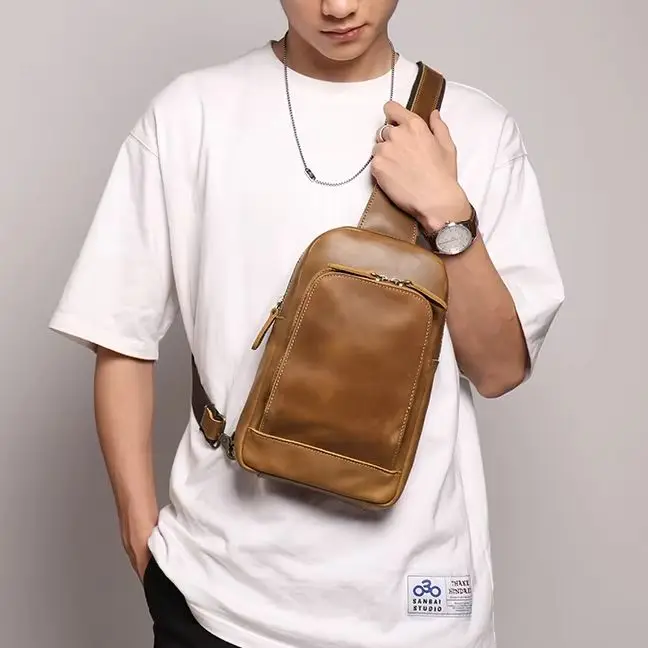 

Real Leather Sling Bag for Men Vintage Chest Bag Handmade Shoulder Crossbody Daypack Fashion Waist Pack Leathfocus