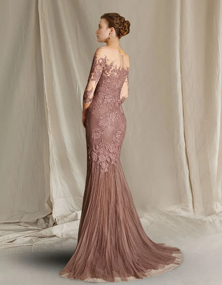 Vestido de tul de encaje con cuello redondo para madre de la novia, traje elegante de media manga con apliques para invitados de boda, 2024
