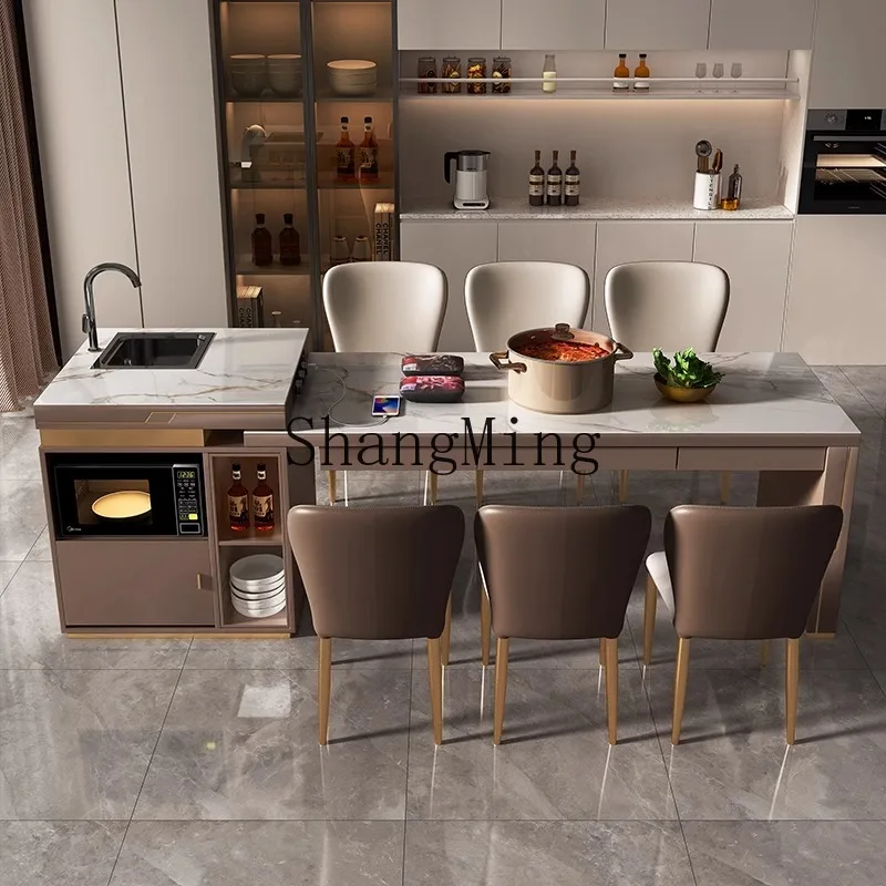 

HJ dining table integrated retractable kitchen modern household light luxury rock slab multi-functional dining table and chairs