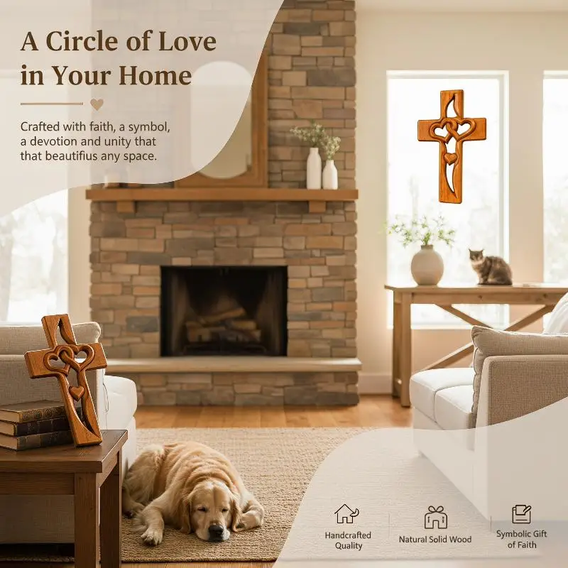 Wooden Wall Cross Decor Handmade Intertwined Heart Design Solid Wood Vintage Style for Bedroom Living Room Decoration