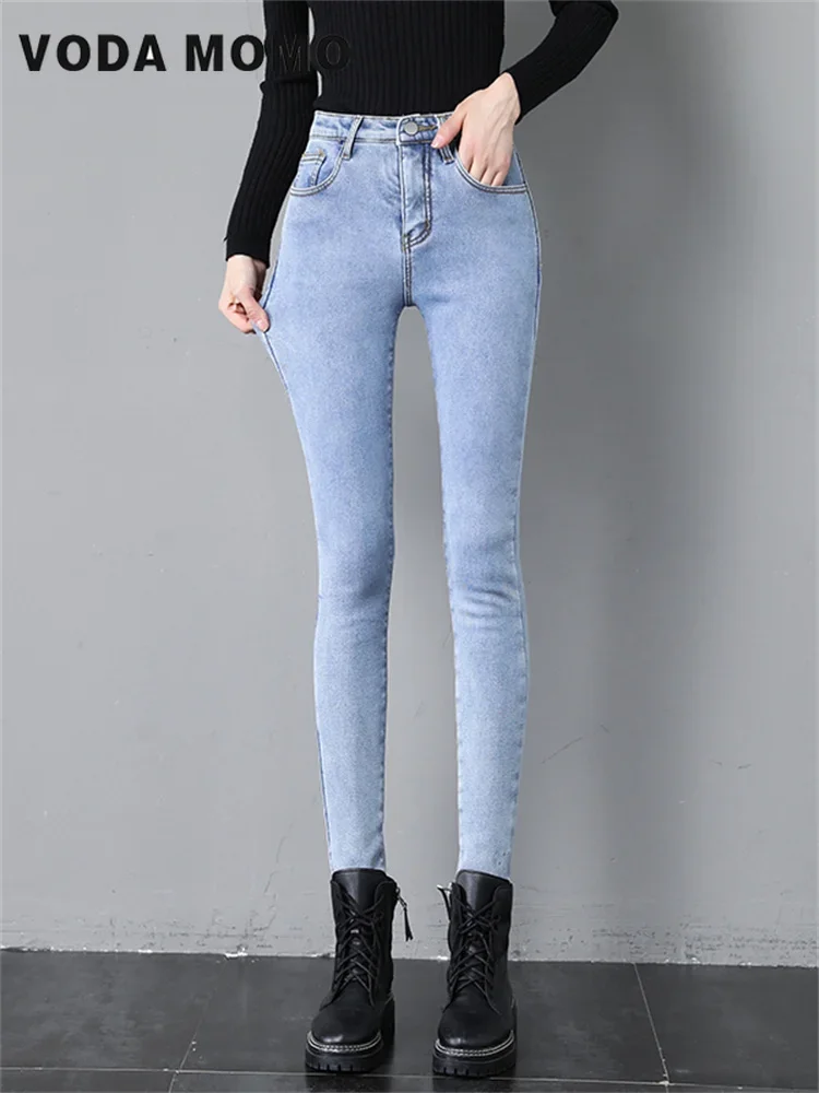 

2023 Winter New Plus Velvet Casual Thick Pencil Pants Female High Waist Stretch Denim Trousers Leggings Skinny Warm Jeans Women