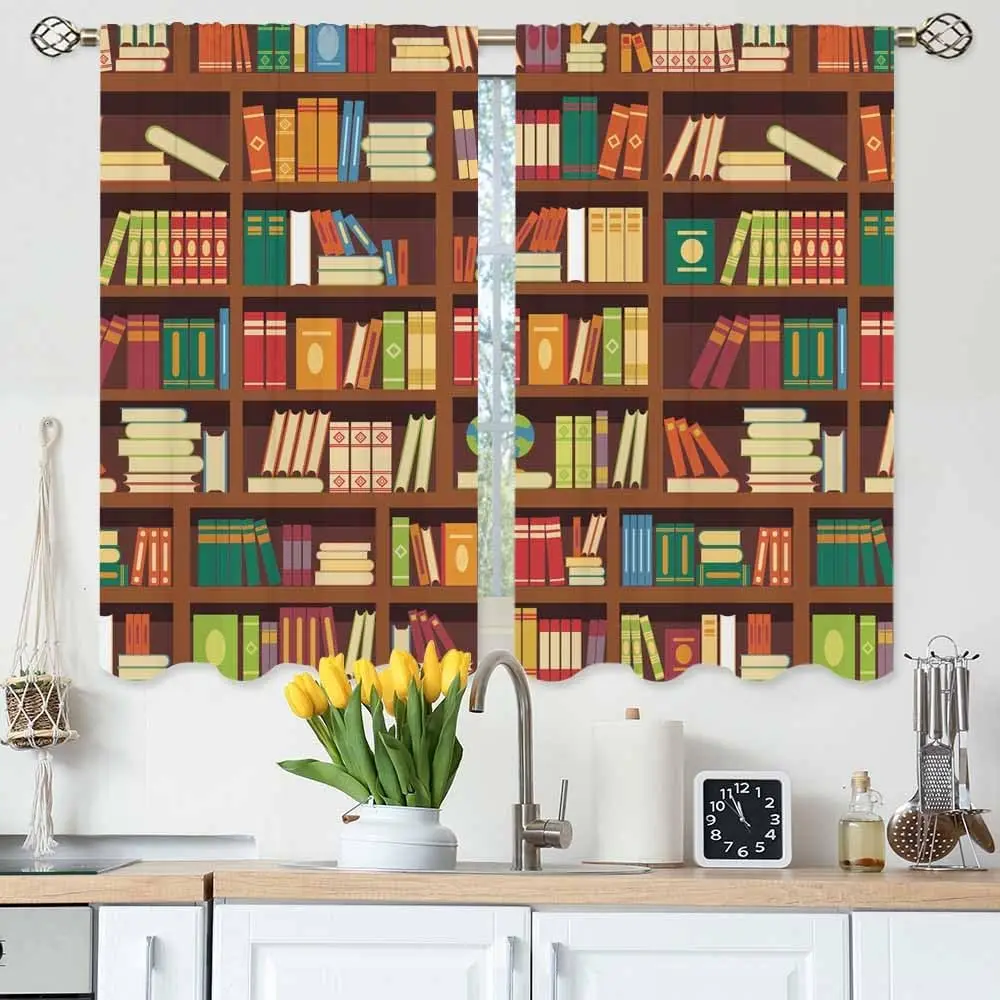 Book Shelf Kitchen Curtains Library Bookcase Literature Books Dictionary Reading Short Tier Curtains Bathroom Cafe Small Window