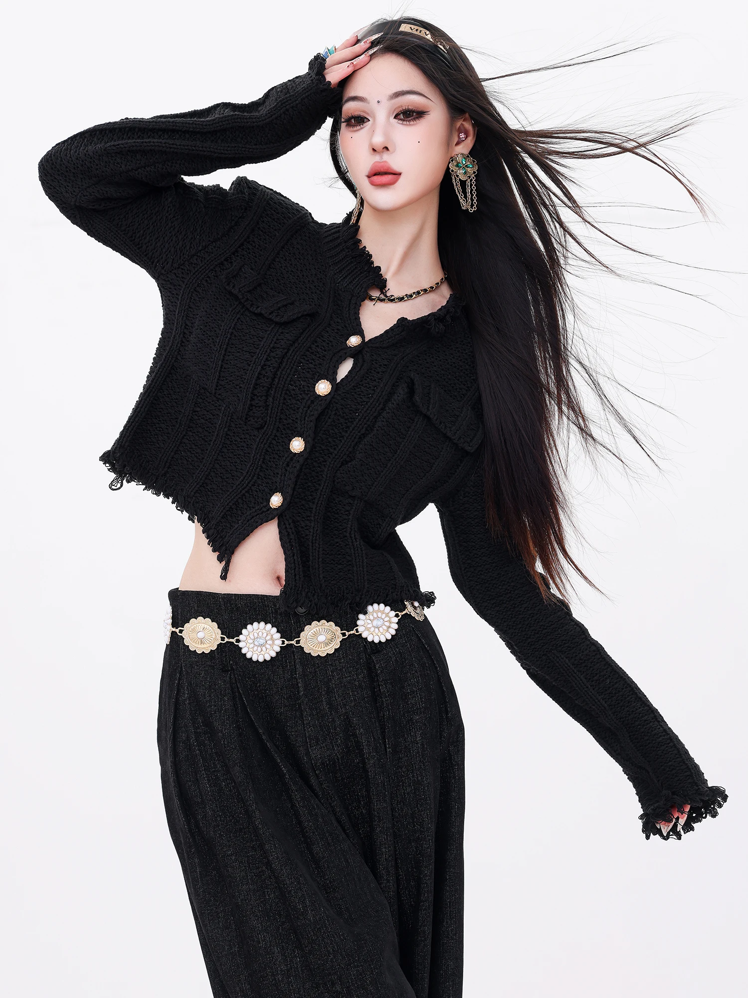 

ABWLR Романтичный черный вязаный кардиган с одной пуговицей для женщин, приталенный, модный, с отделкой, высококачественный женский трикотажный топ