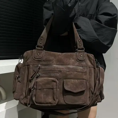 Imagen 2 del producto Bolso de motocicleta Punk Y2K a la moda para mujer, bolso cruzado Diagonal de un solo hombro de gamuza con múltiples bolsillos y cremallera de gran capacidad